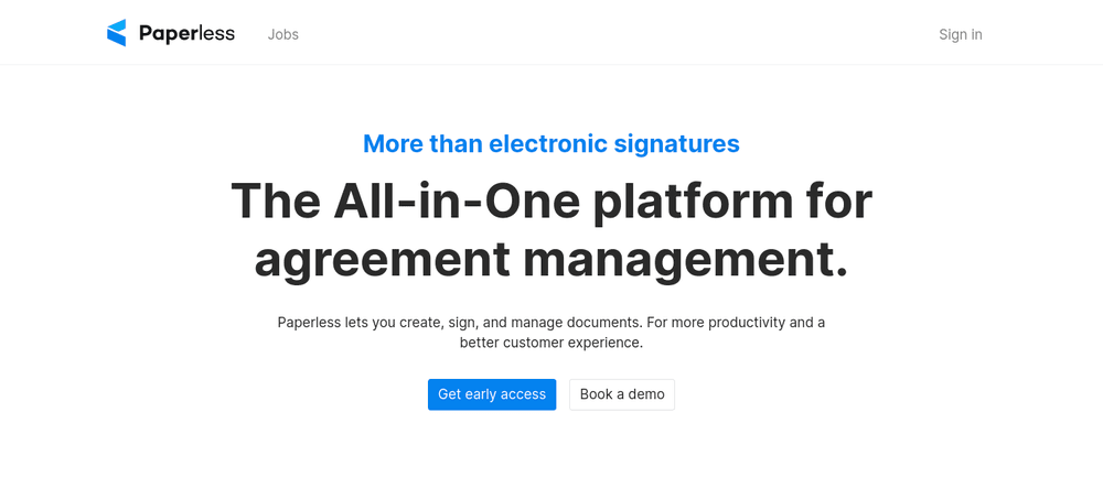 "this blue text can be slightly smaller, it takes away focus from the little text one paragraph. ""Paperless lets you create, sign, and manage documents. For more productivity and a better customer experience."""